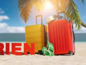 Coronaferien (German for: Corona Holidays for coronavirus pandemic) concept with slogan on the beach with Suitcase, Palm tree, flip-flops and blue sky : Stockfoto oder Stockvideo und Fotos, Bilder, Stockmedien von rcfotostock | RC-Photo-Stock