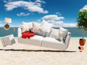 Flying sofa and furniture in weightlessness at the beach : Stockfoto oder Stockvideo und Fotos, Bilder, Stockmedien von rcfotostock | RC-Photo-Stock